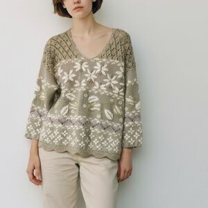 Vintage 90s Tan Floral Embroidered Knit Gold poms Cottagecore Grandma Sweater